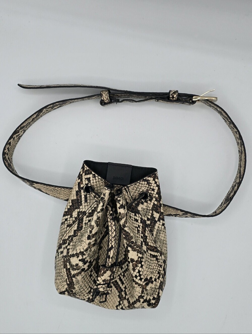 MNG - Faux-Python Drawstring Mini Pouch Bag With Detachable Belt